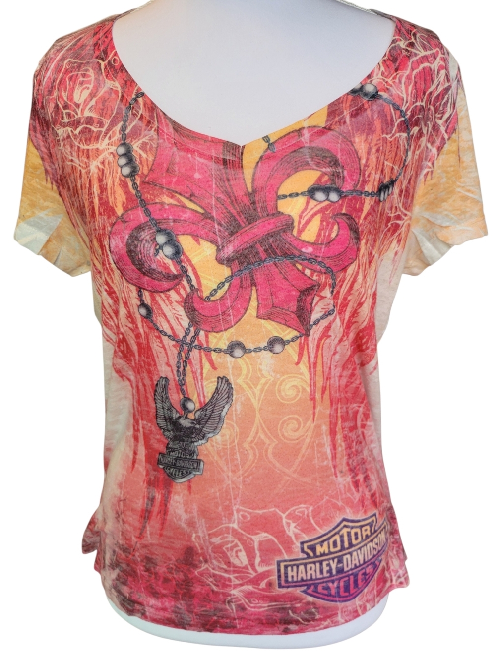 Harley Davidson Red Orange Pink Burnout Graphic Print Short Sleeve Top